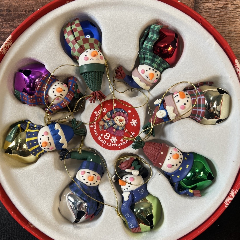 New- 8 Resin Cute Snowman Jingle Bell Christmas Ornaments in Festive Storage Box - Picture 2 of 3